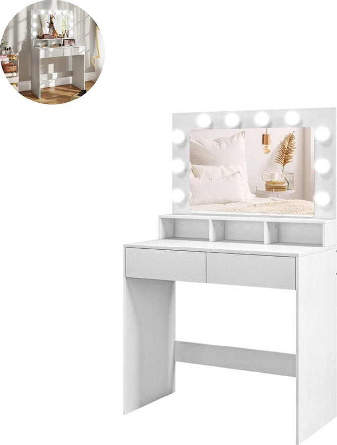 Kaptafel met spiegel - Make up tafel - Make up - Toilettafel - Met lades - Wit