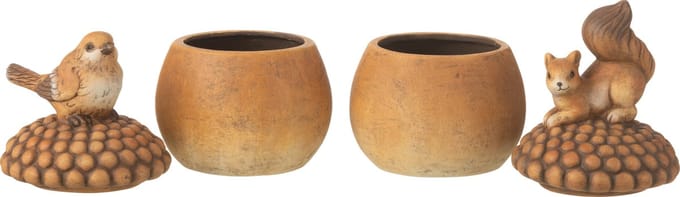 J-Line figuur Vogel + Eekhoorn op eikel - porselein - bruin - large - 2 stuks