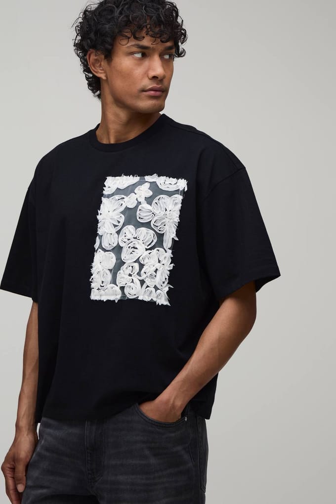 Oversized Boxy Heavyweight T-shirt Met Bloemenversiering | Black | Size Medium