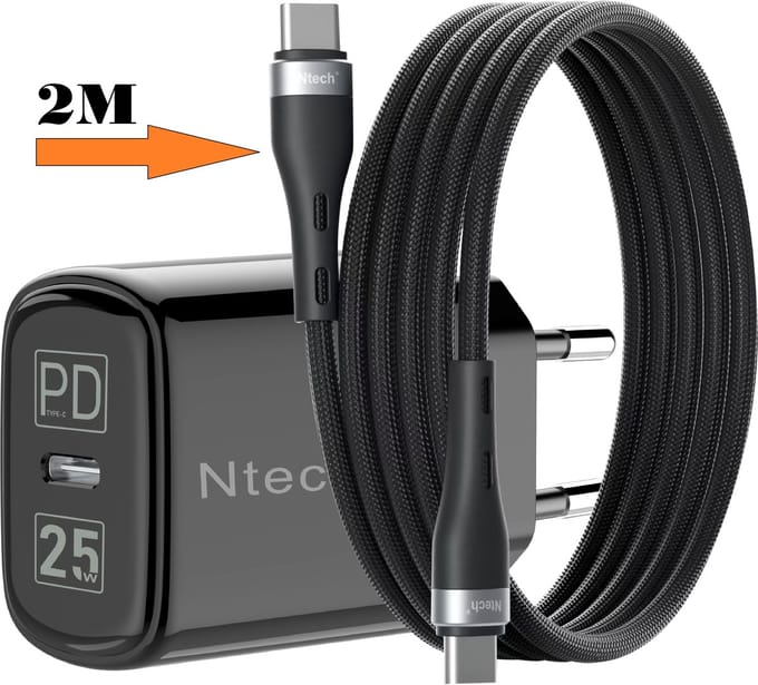 USB C Adapter 25W - usb c oplader - met (2m) USB C kabel Nylon