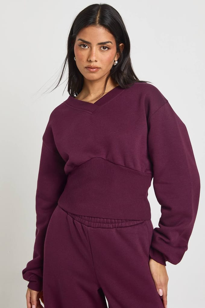 boohoo Dames V-Hals Diep Taille Sweatshirt Trainingspak | Plum | Maat: Large