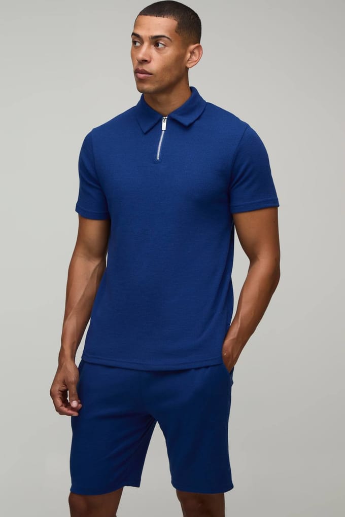 Slim Fit Waffle Zip Neck Polo & Shorts Set | Navy | Size Medium