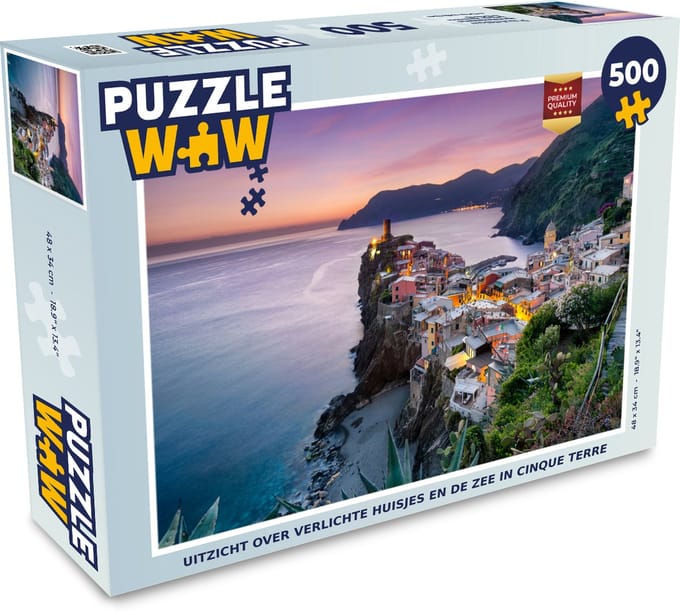 Puzzel Uitzicht over verlichte huisjes en de zee in Cinque Terre - Legpuzzel - Puzzel 500 stukjes