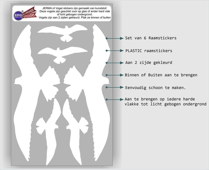 Jerma - Vogelbescherming - Raam - Stickers - set 6 st - Wit - in 3 afmetingen - Zelfklevend - Folie