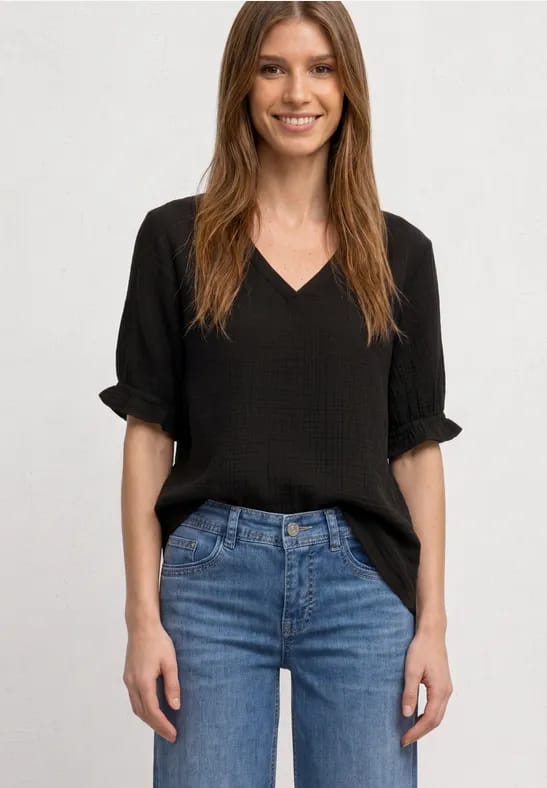 Blouse met korte mouwen, V-hals en ruches
