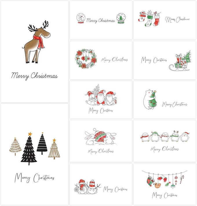 24 Kerst Wenskaarten Set met Enveloppen - 12 Unieke Ontwerpen