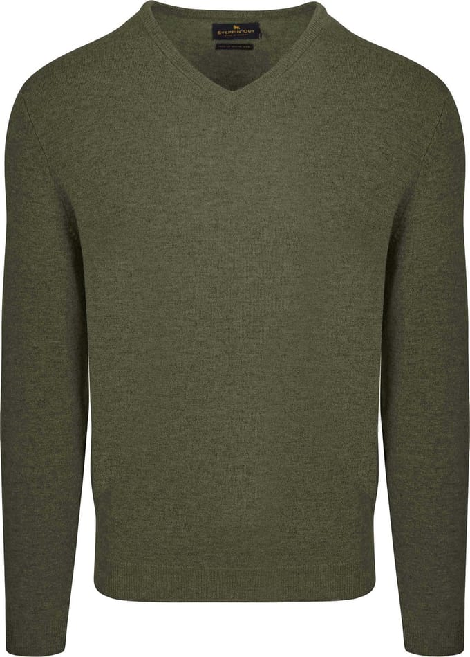Steppin' Out Pullover V-hals Merinowol Olijfgroen - Maat S - Heren - Pullovers