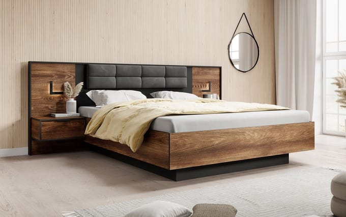 Meubella - Tweepersoonsbed Mulvey - Eiken - Antraciet - 160x200 cm