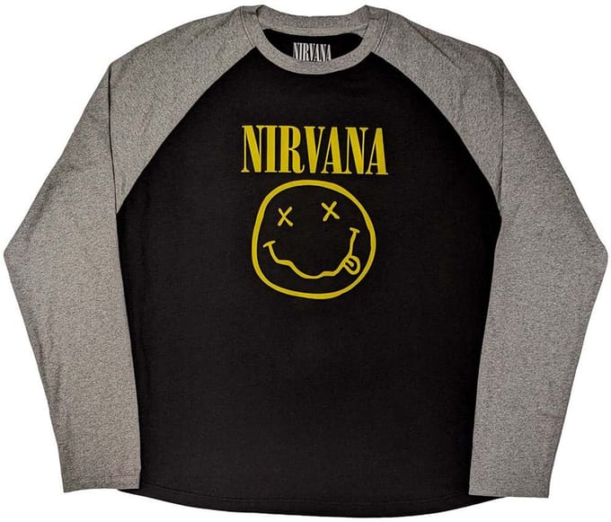 Nirvana - Yellow Happy Face Raglan T-shirt - S - Zwart/Grijs