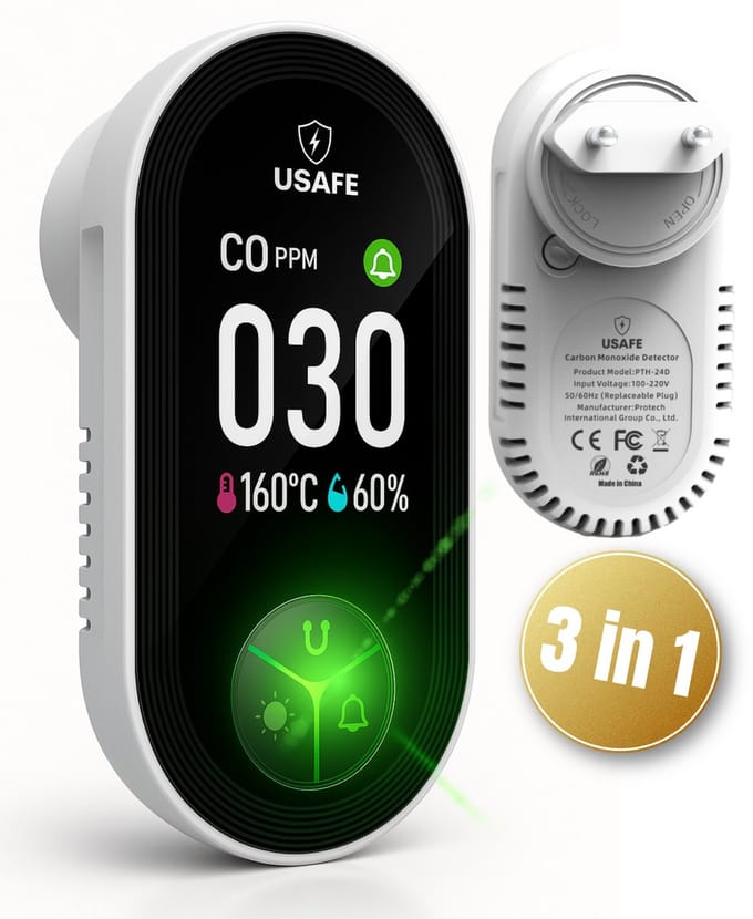USAFE® 3 in 1 Luchtkwaliteitmeter - Koolmonoxidemelder met Hygrometer & Thermometer binnen – CO Melder – LCD Display met Smart Sensor