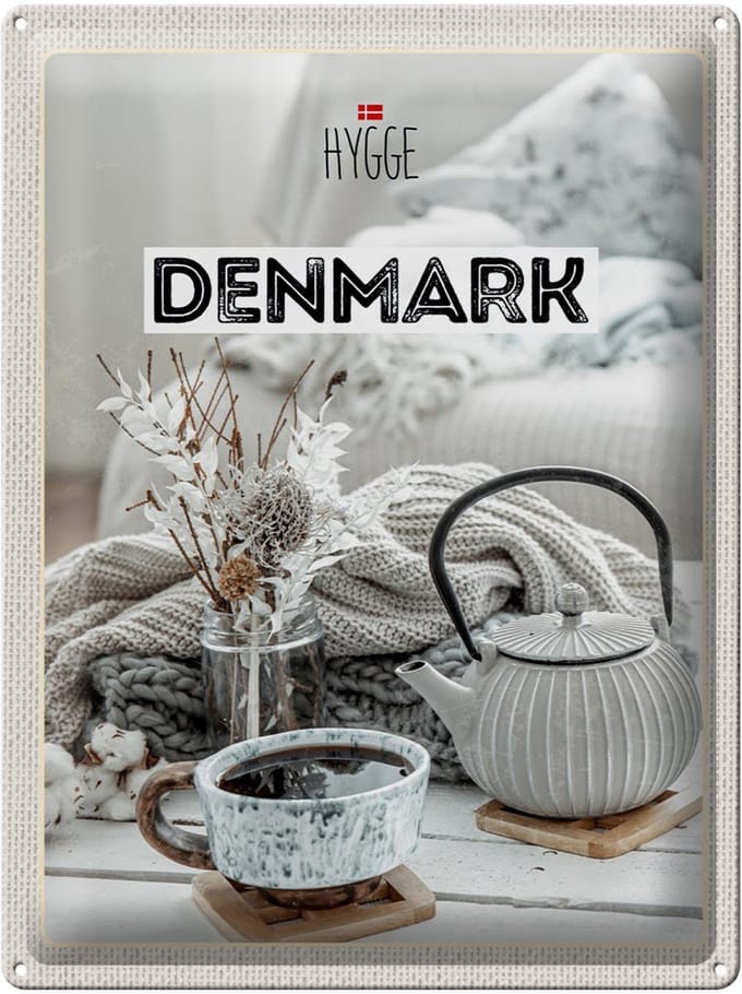 Blechschild Reise 30x40cm Dänemark weiß Teekanne gemütlich Decke
