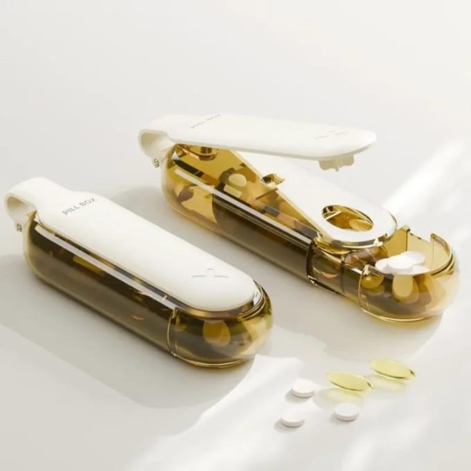 2 en 1 Portable Pince à Comprimés Extracteur Avec Boîte à Médicaments Gadgets Ménagers Comprimés Pilules Outil d'Aide Distributeur de Pilules beige