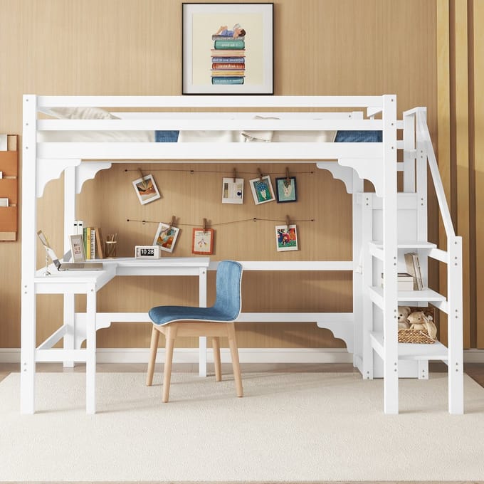 Hoogslaper 140x200 - Kinderbed met L-vormig Bureau en Open Kast - Grenenhout - Wit