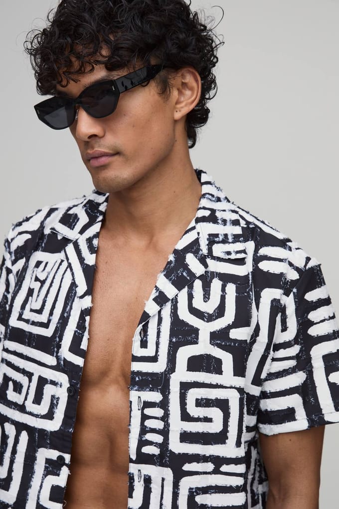Getextureerd Geometrisch Bedrukt Regular Shirt & Relaxed Short Set | Black | Size XL