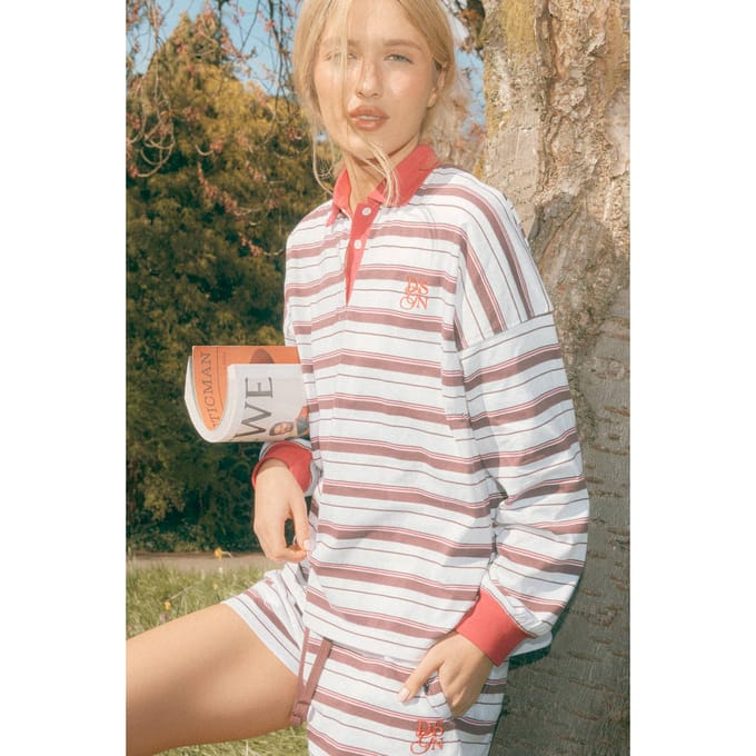 Dames Dsgn Studio Gestreepte Oversized Rugby Top Met Contrasterende Kraag En Lange Mouwen | Ecru | Maat: Medium