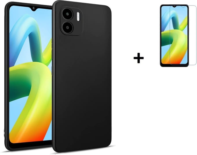Geschikt voor Xiaomi Redmi A1/ A2 Hoesje - Siliconen - Redmi A1/ A2 Screenprotector - Hoesje Zwart Case + Screenprotector