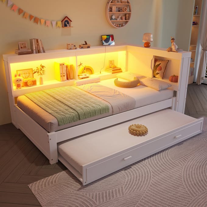 Slaapbank - 90x200 cm - met Uitschuifbed, LED, USB en Type-C - Wit