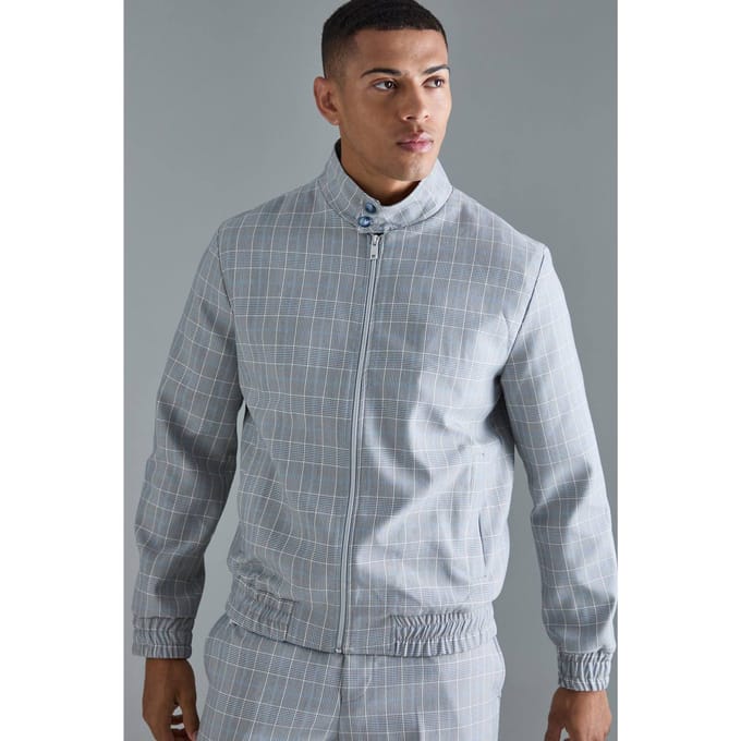 Geruite High Neck Zip Up Smart Bomber Jacket | Grey | Size Medium