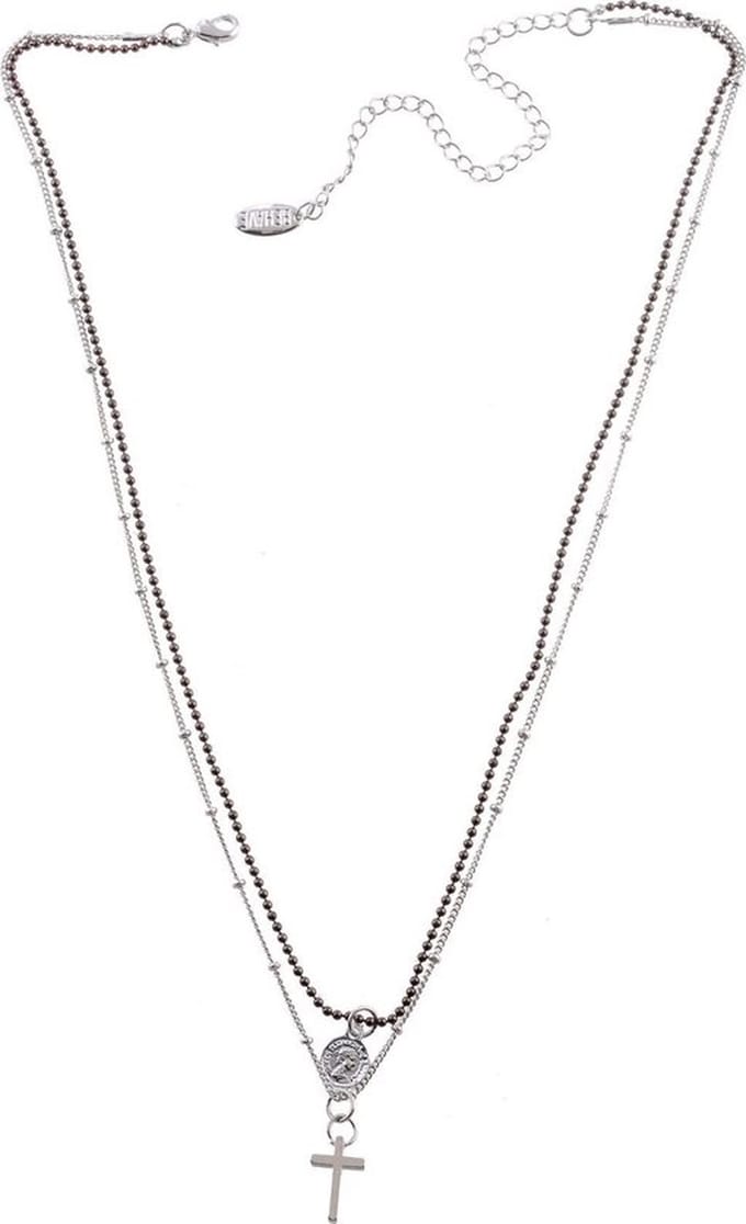 Behave Korte ketting 40 cm lengte, metaal, 2rijen, hanger, kruis + verlengketting