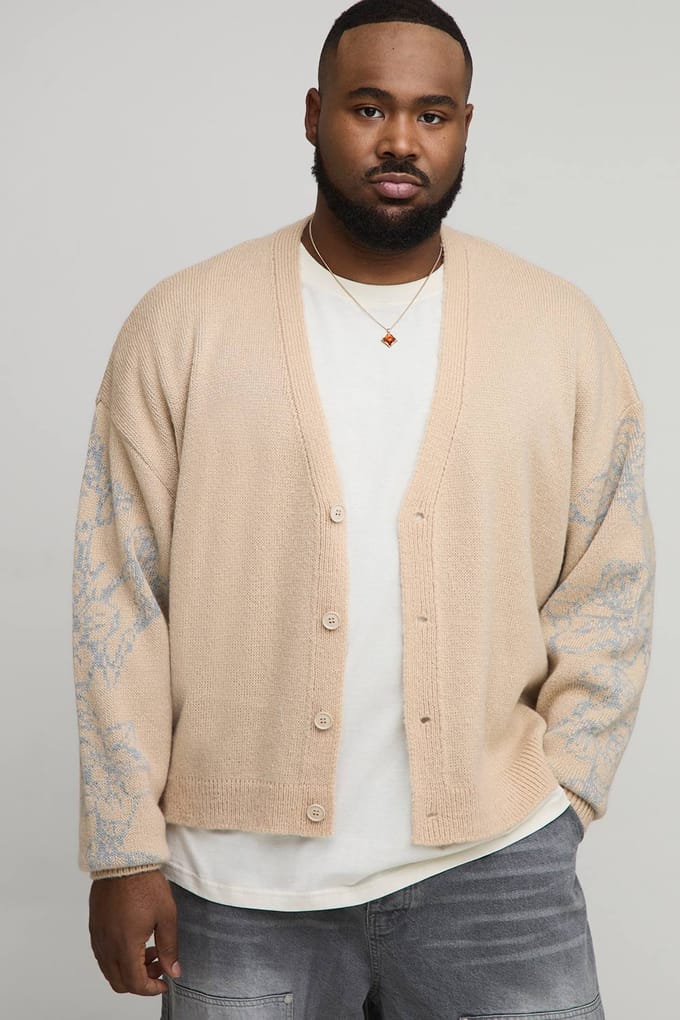 Plus Boxy Oversized Pluizige Bloemige Jacquard Gebreide Cardigan | Stone | Size 2XL