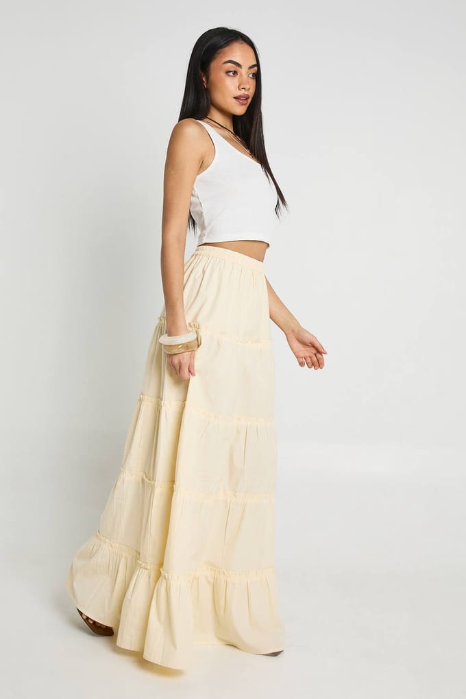 boohoo Dames Gelaagde Katoenen Popeline Maxi Rok | Citroen | Maat: 36
