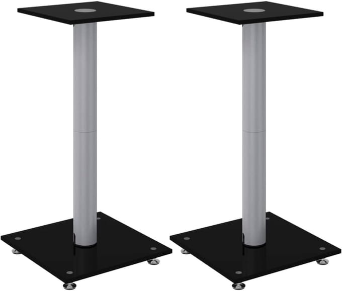 Set van 2 Speaker Stands met Glazen Plaat en Zilverkleurige Pilaar
