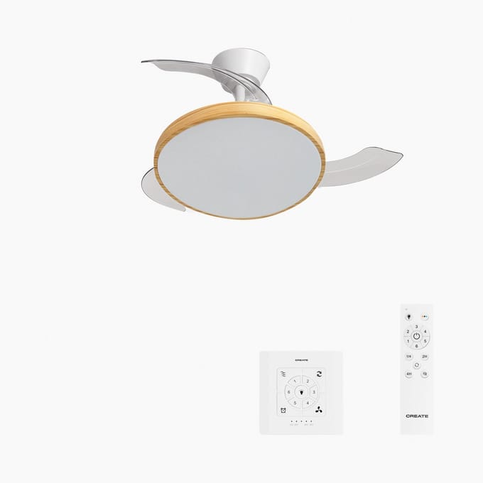 CREATE - Stille plafondventilator met intrekbare bladen (Ø91cm) - Met licht LED - Controller voor wandmontage + Afstandsbediening - 6 snelheden - Programmeerbaar - WIND CLEAR STUDIO