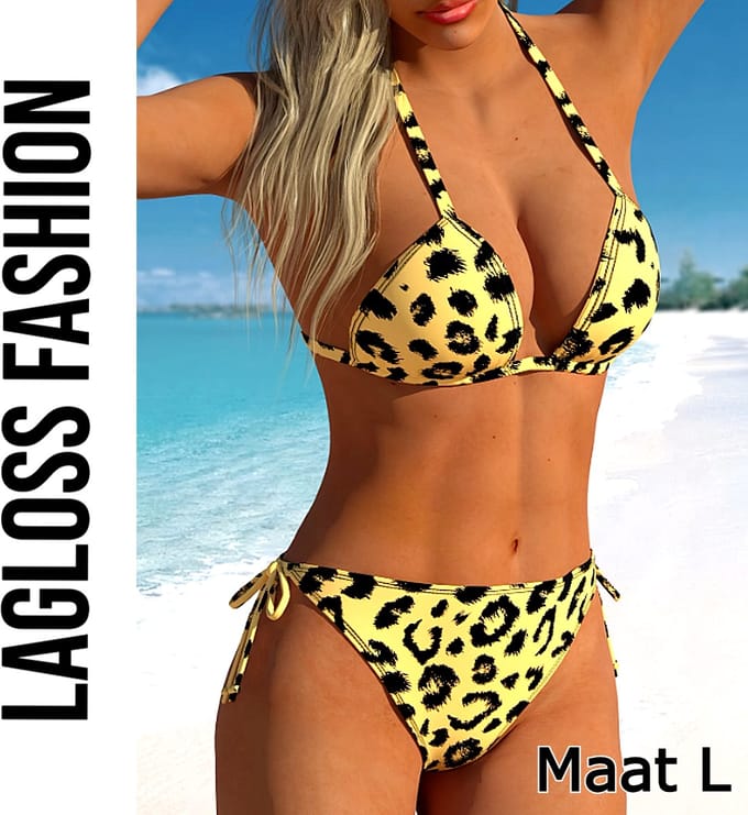 LaGloss® 2-delige Luipaardprint Bikini Set – Sexy Triangelmodel met Striksluiting – Hoog Elastisch – Maat L