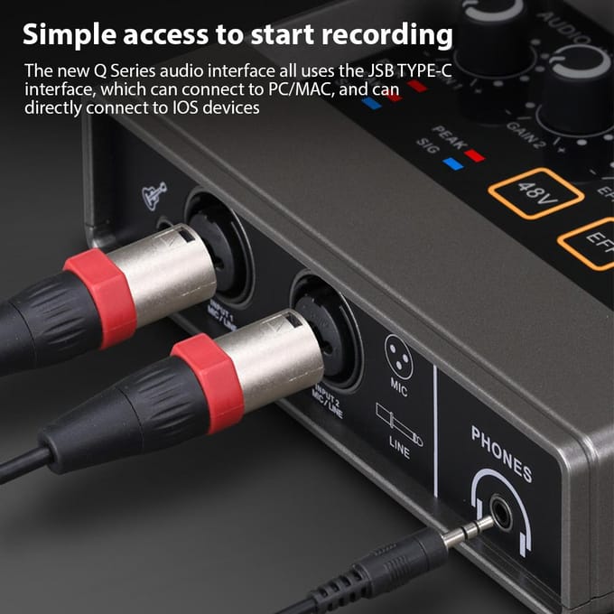 Audio Interface Professionele Opname XLR Audio Interface DSP Reverb 48V Phantom Power Geluidskaart zwart