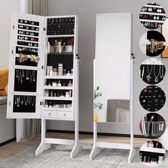 Sieradenkast met Spiegel - Staande Afsluitbare Sieraden Organizer met Opbergruimte