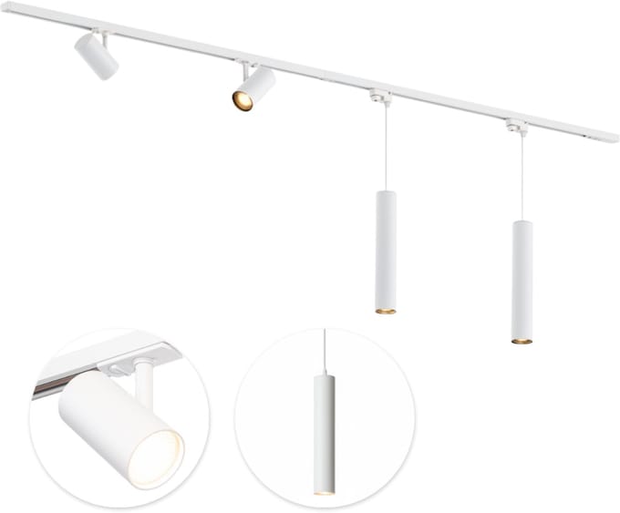 Qub Viror Railverlichting - Wit - 200 cm - I-Vorm - 2 Mesh Spots & 2 Hanglampen - Dimbaar - Complete Set