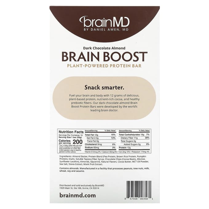 BrainMD, Brain Boost, Barres protéinées végétales, Chocolat noir et amandes, 10 barres, 42 g (50 grammes) Chaque