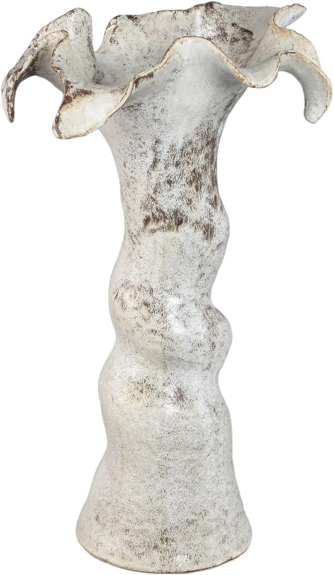 PTMD Isidro Beige Ceramic Vase Wavy Flower Border