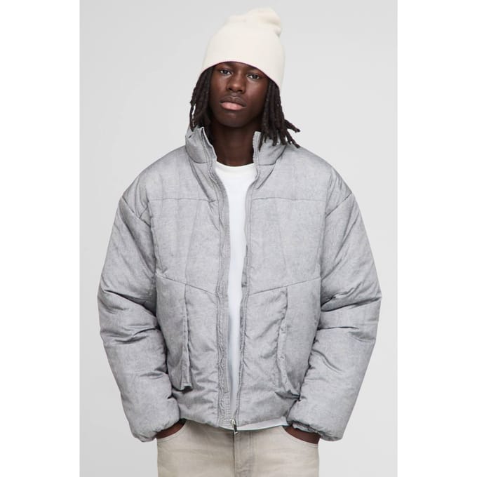 Oversized Boxy Fit Washed Nylon Padded Funnel Neck Puffer Jacket | Grey | Size Medium