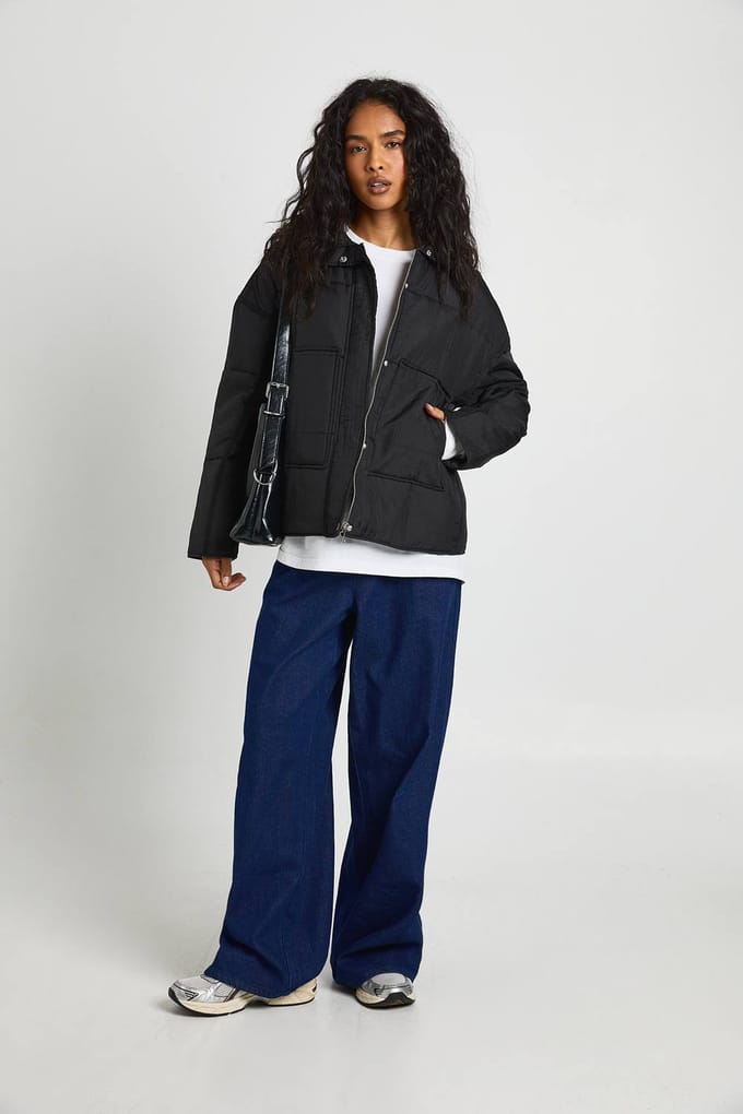 boohoo Dames Square Gequilte Donsjas | Black | Maat: 8