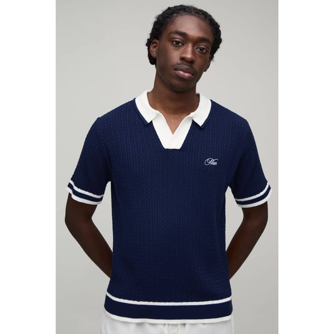 Men's Boxy Kabel Geborduurde Gebreide Polo | Navy | Size Small