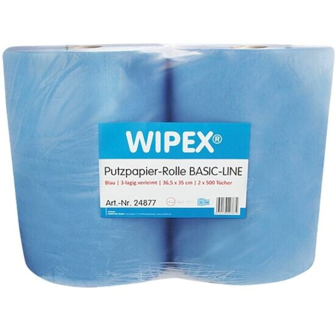 WIPEX Basic-Line poetspapier, 3-laags, geperforeerd, hoog absorptievermogen, 100 % cellulose, blauw, 2 rollen met elk 500 doeken