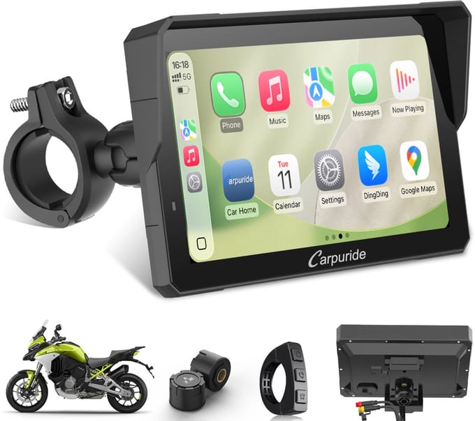 CARPURIDE W702SPro +TPMS - Motorfiets Carplay-scherm - Plug-and-play BM05-beugel - bedrade controller - CarPlay en Android Auto