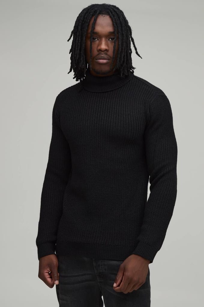 Lange Gespierde Pasvorm Geribbelde Coltrui Gebreide Trui | Black | Size Small