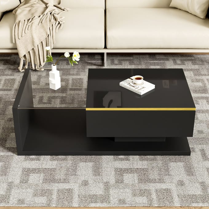 Salontafel - 100 cm - Glasplaat en LED Effect - Hoogglans Modern Design - Glas en MDF - Zwart