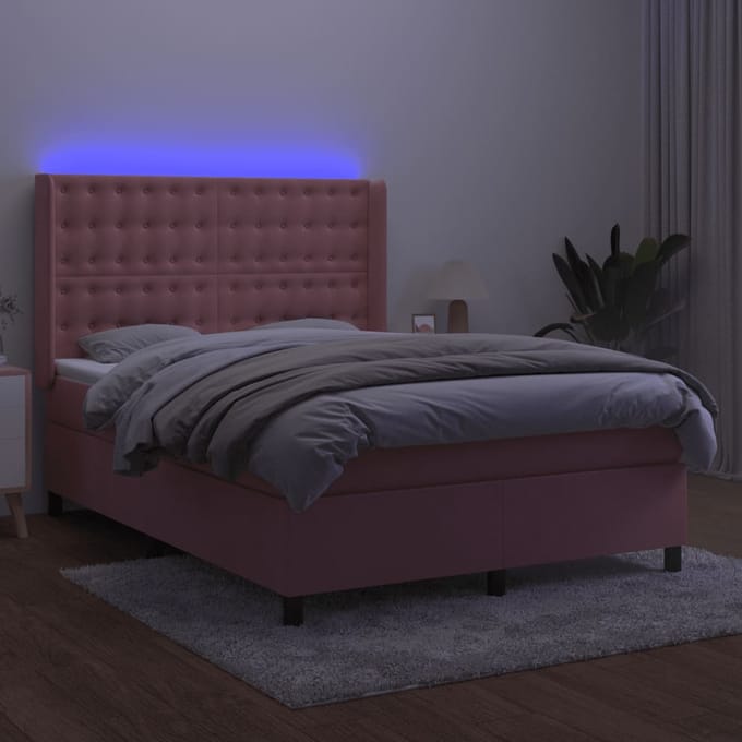 vidaXL - Boxspring - met - matras - en - LED - fluweel - roze - 140x200 - cm