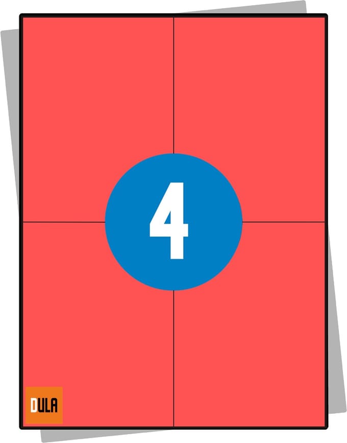 A4 Stickervellen Rood 105x148mm - 4 Stickers per vel rood - Verzend Etiketten - 100 vel - DULA