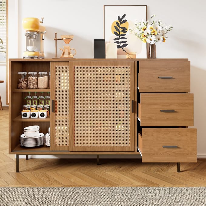 Sweiko Dressoir - 2 schuifdeuren - 3 laden - Verstelbare planken - 140*91*37 cm - Bruin
