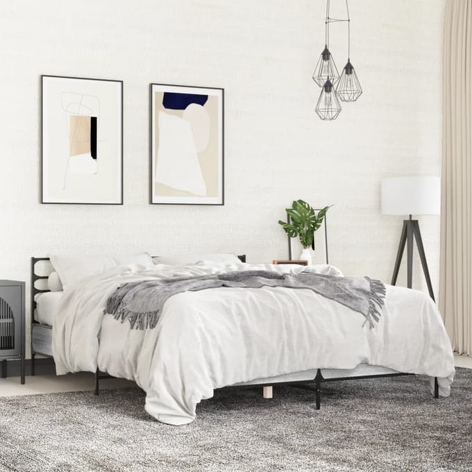 vidaXL - Bedframe - bewerkt - hout - metaal - grijs - sonoma - eiken - 135x190 - cm