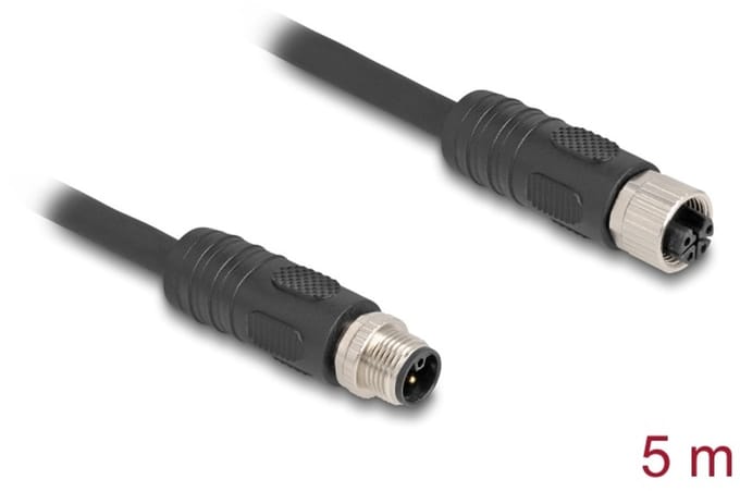 Delock M12 Cable L-coded 4 pin male to female PUR suitable for drag chains 5 m black