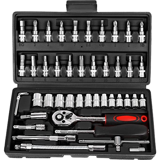 53-delige ratelsleutel- en dopsleutelset 1/4-inch schroevendraaier reparatieset combinatiedop 46pcs & Black Toolbox & Black&Red Handle gray