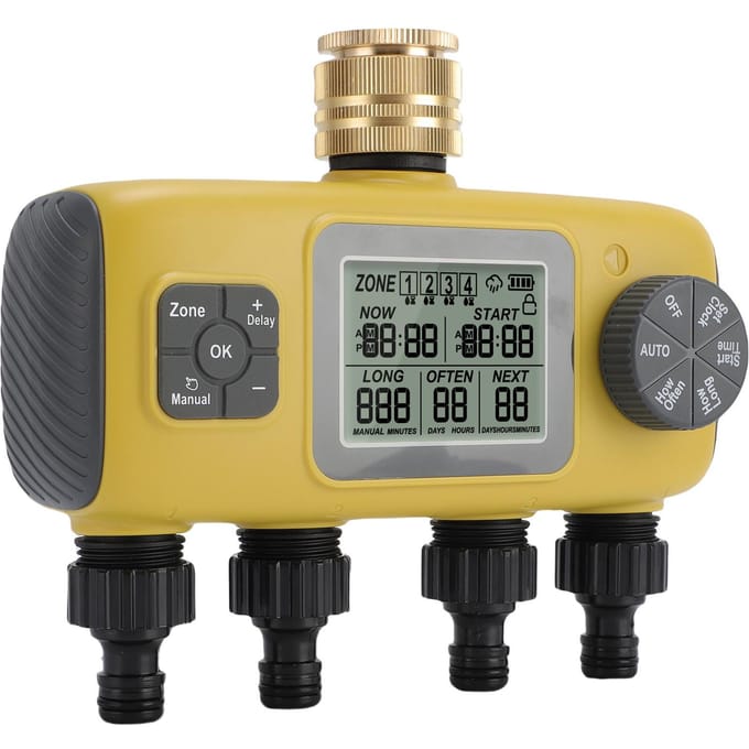 Minuteur d'irrigation 4 zones indépendantes programmables Entrée laiton 3/4 po IPX5 Minuteur d'arrosage avec pluie beige