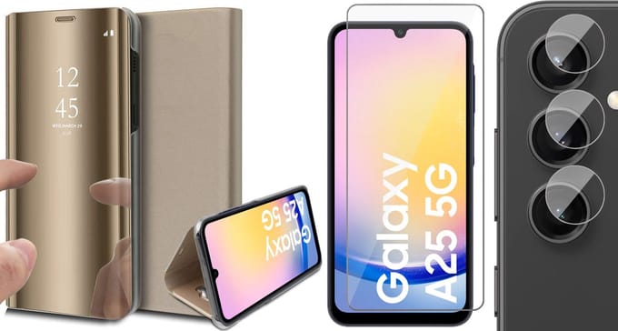Hoesje geschikt voor Samsung Galaxy A25 / A24 - Screenprotector Glas & Camera - Spiegel Book Case Goud