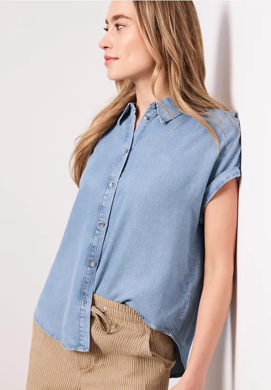 Blouse met overhangende schouders in denimlook