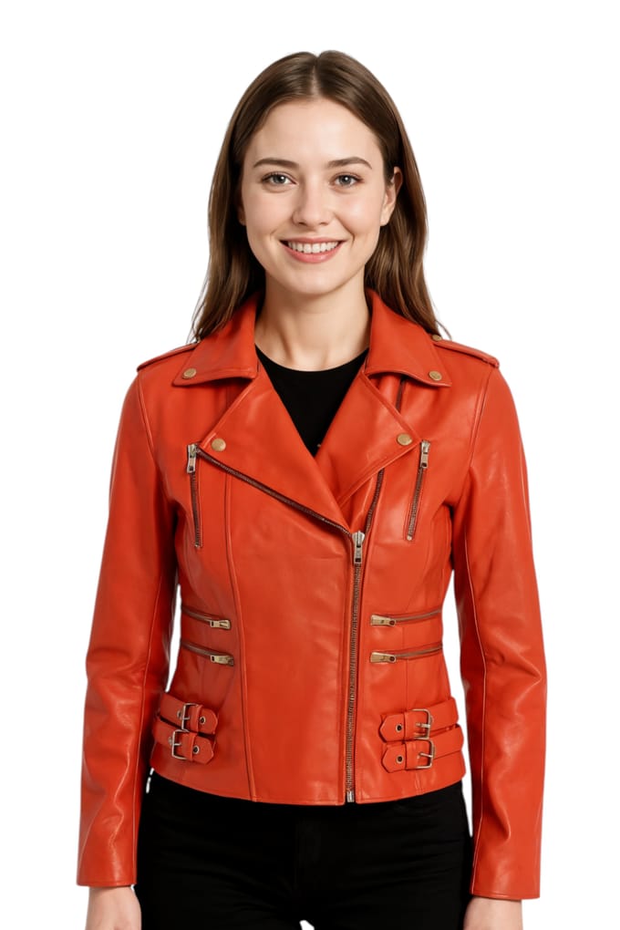 Dames leren oranje Brando bikerjack - Constantia